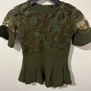Olive Green Embroidered Net Top with Pleated Hem and Back Zipper